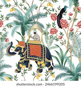 Vintage botanical garden lemon tree, Indian elephant, exotic bird, palms, plant, rose flower oriental seamless pattern white background. Exotic chinoiserie wallpaper.