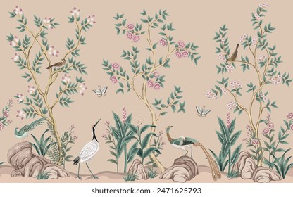 Vintage botanical garden rose tree, Chinese birds, stone, plant floral seamless border. Exotic old chinoiserie mural.	