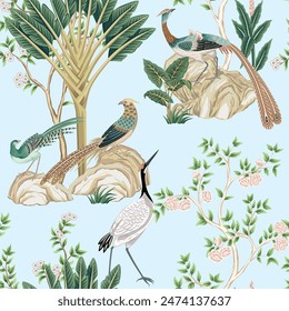 Vintage botanical garden tree, banana tree, Chinese birds, crane floral seamless pattern. Exotic chinoiserie wallpaper.