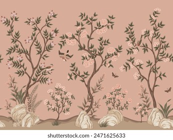 Vintage botanical garden tree, bird, butterfly, stone, rose flower, plant floral seamless border pink background. Exotic chinoiserie mural.