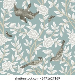 Vintage botanical garden tree, birds, butterfly floral seamless pattern blue background. Exotic chinoiserie wallpaper.	