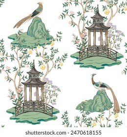 Vintage botanical garden tree, Chinese birds, pavilion floral seamless pattern. Exotic chinoiserie wallpaper.	