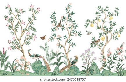 Vintage botanical garden tree, Chinese birds, stone, plant floral seamless border. Exotic chinoiserie mural.	