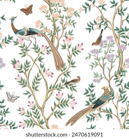 Vintage botanical garden tree, Chinese birds, butterfly floral seamless pattern. Exotic chinoiserie wallpaper.