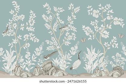 Vintage botanical garden tree, Chinese birds, crane, stone, butterfly, plant floral seamless border blue background. Exotic chinoiserie mural.