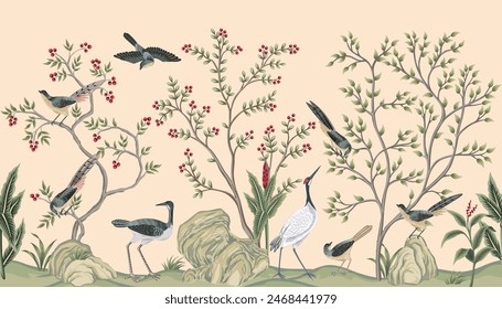 Vintage botanical garden tree, crane, Chinese birds, stone, plant floral seamless border. Exotic chinoiserie mural.	