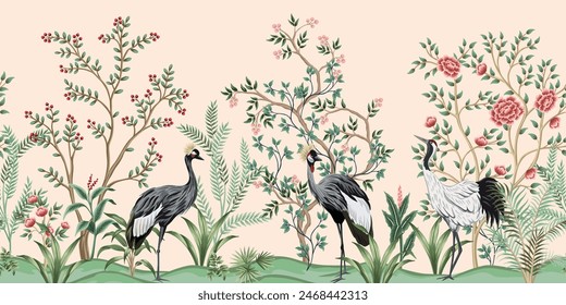 Vintage botanical garden tree, crane, plant floral seamless border pink background. Exotic chinoiserie mural.