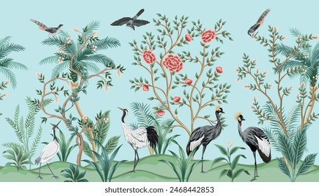 Vintage botanical garden tree, crane, tropical palm, plant floral seamless border blue background. Exotic chinoiserie mural.