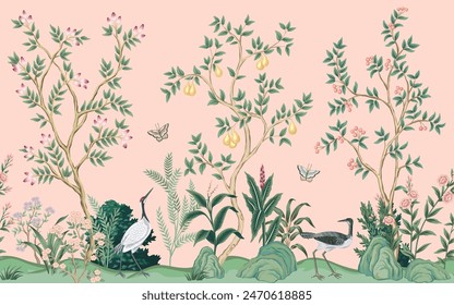 Vintage botanical garden tree, crane, bird, butterfly, stone, plant floral seamless border. Exotic chinoiserie mural.	