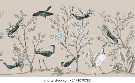 Vintage botanical garden tree, crane, Chinese birds, plant floral seamless border. Exotic chinoiserie mural.	