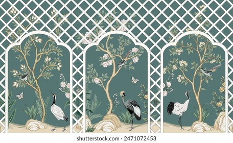 Vintage botanical garden tree, crane, birds, pergola, plant floral seamless border. Exotic chinoiserie mural.