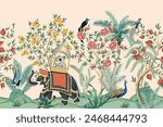 Vintage botanical garden tree, elephant, peacock bird, lemon tree, plant floral seamless border. Exotic chinoiserie mural.