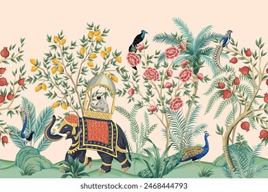 Antiguas árbol del jardín botánico, elefante, pájaro pavo real, árbol de limón, planta floral sin bordes. Exótico mural de chinoiserie.