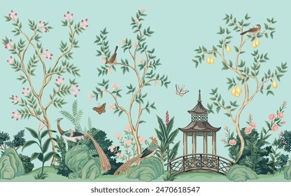 Vintage botanical garden tree, pagoda, Chinese birds, stone, plant floral seamless border. Exotic chinoiserie mural.	