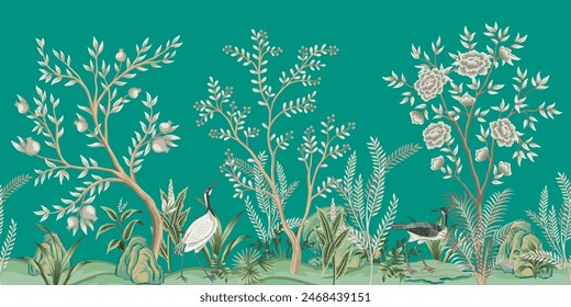 Vintage botanical garden tree, stork, bird, plant floral seamless border turquoise background. Exotic chinoiserie mural.