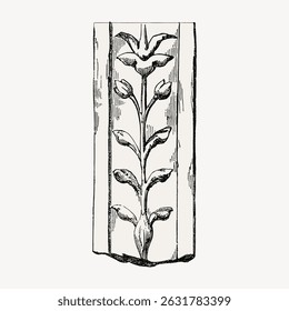 Vintage botanical illustration of a floral motif with intricate flower and leaf design. Black and white floral art with detailed botanical elements. Decorative ornament vector.