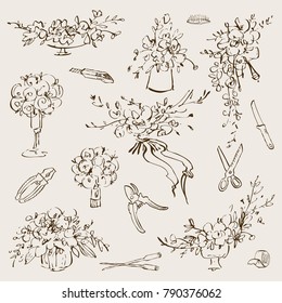 Vintage botanical illustration flowers bouquet and floristic tools set. Wedding concept. Flower concept. Vector design