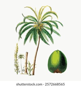 Vintage botanical illustration of a palm tree and coconut. Palm tree with lush leaves, coconut fruit. Detailed palm and coconut art, classic botanical style. Vintage plant vector element.