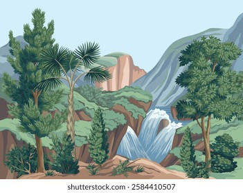 Vintage botanical landscape with trees, plants, mountain, waterfall landscape mural. Nature wallpaper.