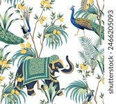 Vintage botanical lemon tree, peacock, bird, Indian elephant, palm leaves, plant oriental seamless pattern white background. Exotic chinoiserie wallpaper.