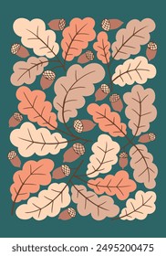 Vintage botanical mid century art print. Hippie 60s, 70s style. Autumn oak leaves with acorns in nostalgic style