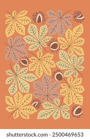 Vintage botanical mid century poster or art print with chestnut leaves and nut. Hippie 60s, 70s style. Isolated leaves in nostalgic style