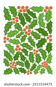 Cartaz de inverno de meados do século botânico vintage ou impressão de arte com frutos e folhas de azevinho. Hippie estilo 60s, 70s. Folhas isoladas com chave de bordo em estilo nostálgico. Férias de inverno e humor de Natal