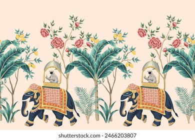 Vintage botanical palm tree, Indian elephant, lemur animal, lemon tree, rose flower, plant floral seamless border. Exotic chinoiserie mural.