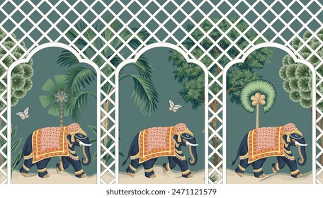 Vintage botanical palm tree, Indian elephant, butterfly, pergola, plant floral seamless border. Exotic chinoiserie mural.	