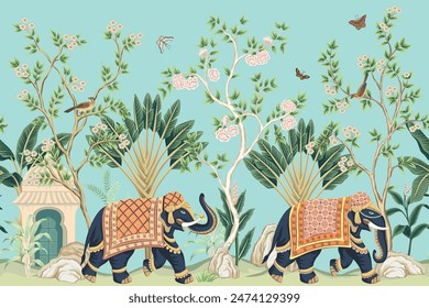 Vintage botanical palm tree, Indian elephant, floral tree, butterfly, bird, plant floral seamless border. Exotic chinoiserie mural.