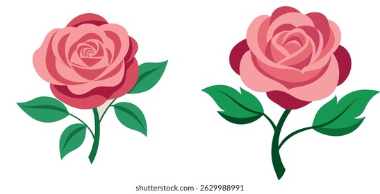 Vintage botanical of a pink rose with green leaves.