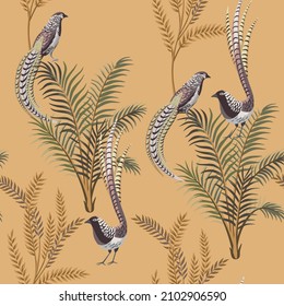 Vintage botanical plant, bird  floral seamless pattern yellow background. Exotic tropical wallpaper.