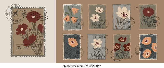 Vintage Botanical Postage Stamp Collection. Old Mail Postmark with Flower Isolated on Transparent Background