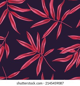 Vintage botanical print with tropical palm leaves. Seamless pattern, old-fashioned natural background with red foliage on a purple field. Vector illustration.