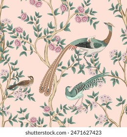 Vintage botanical rose garden tree, Chinese birds floral seamless pattern. Exotic chinoiserie wallpaper.