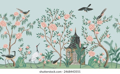 Vintage botanical rose tree, crane, bird, Chinese pagoda, plant floral seamless border blue background. Garden chinoiserie mural.