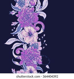 Vintage botanical seamless border with blooming peony, hibiscus, swirls and roses buds, hand drawn vector illustration on dark background