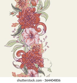 Vintage botanical seamless border with blooming peony, hibiscus, swirls and roses buds, hand drawn vector illustration