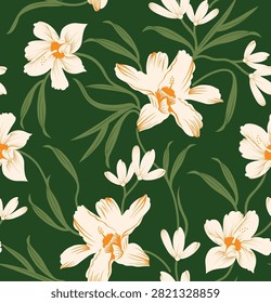 Vintage Botanical Seamless Floral Pattern with White Orchid Flowers and Brown Background