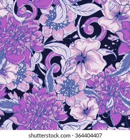 Vintage botanical seamless pattern with blooming peony, hibiscus, swirls and roses buds, hand drawn vector illustration on dark background