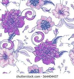Vintage botanical seamless pattern with blooming peony, hibiscus, swirls and roses buds, hand drawn vector illustration