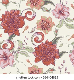Vintage botanical seamless pattern with blooming peony, hibiscus, swirls and roses buds, hand drawn vector illustration