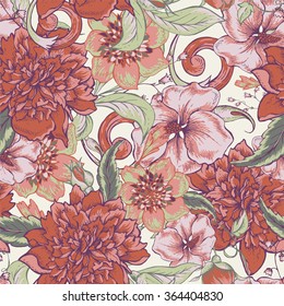 Vintage botanical seamless pattern with blooming peony, hibiscus, swirls and roses buds, hand drawn vector illustration