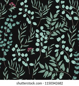 Vintage botanical seamless pattern with gorgeous eucalyptus branches, leaves and flowers on black background. Realistic decorative vector illustration for textile print, wrapping paper, wallpaper.
