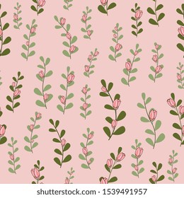 Vintage botanical seamless pattern with leaves and rose buds. Hand drawn texture with tropical plant branches . Floral background. sketch of natural element.greeting card, poster, textile, wallpaper, 
