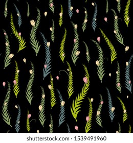 Vintage botanical seamless pattern with leaves and rose buds. Hand drawn texture with tropical plant branches . Floral background. sketch of natural element.greeting card, poster, textile, wallpaper, 