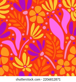 Vintage botanical seamless pattern. Modern groovy flowers, vector background. Hand drawn floral retro print for fabric, wallpaper, packaging, wrapping paper, web banner and social media