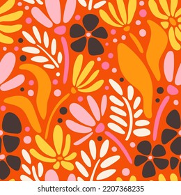 Vintage botanical seamless pattern. Modern groovy flowers, vector background. Hand drawn floral retro print for fabric, wallpaper, packaging, wrapping paper, web banner and social media