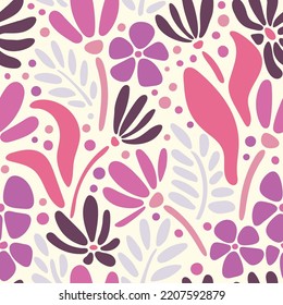 Vintage botanical seamless pattern. Modern groovy flowers, vector background. Hand drawn floral retro print for fabric, wallpaper, packaging, wrapping paper, web banner and social media