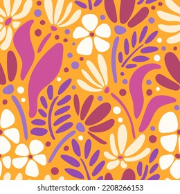 Patrón inmaterial botánico vintage. Flores modernas y onduladas, fondo vectorial. Impresión retro floral de mano para tela, papel pintado, embalaje, papel de embalaje, banner web y medios sociales